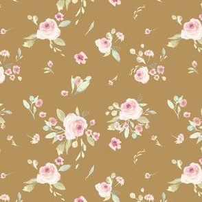 Pink Posies on Barley|Vintage Carnation Roses Mustard|Renee DavisDavis