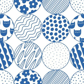Abstract pattern with blue circles, dots, cats and flowers