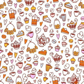 Desserts, tea, coffee cartoon doodle pattern