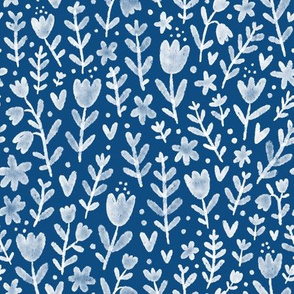 White doodle textured floral print on navy blue background