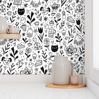 Tea, coffee, desserts, cats and dogs in black and white doodles pattern