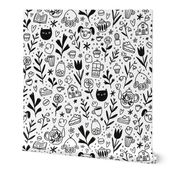 Tea, coffee, desserts, cats and dogs in black and white doodles pattern