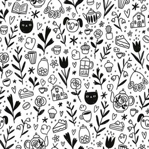 Tea, coffee, desserts, cats and dogs in black and white doodles pattern