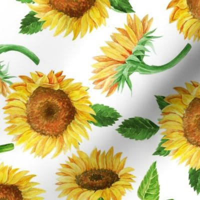 LARGE  sunflower watercolor fabric - watercolor fabric, sunflowers fabric, floral fabric, nursery fabric, baby girl fabric - white