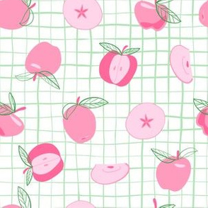 Pink apples on a green crisscrossed stripeand white background