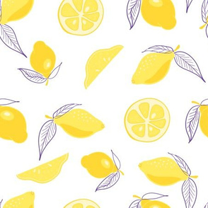 Yellow and purple lemons on a white background