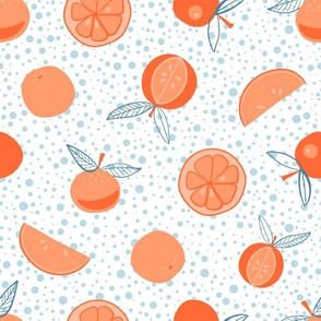 Hand-drawn oranges with baby blue polkadots