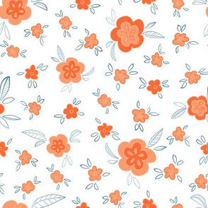 Hand-drawn orange flowers with teal leaves on white background