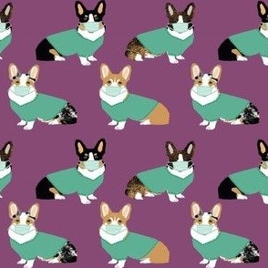 corgis in scrubs fabric - tricolored, corgi, sable and merle corgis - purple