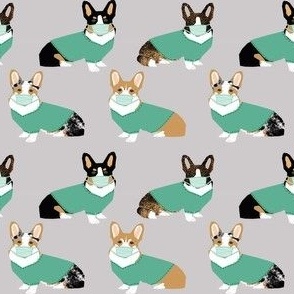 corgis in scrubs fabric - tricolored, corgi, sable and merle corgis - grey