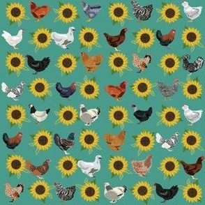 SMALL chickens florals fabric - sunflower floral fabric, farm fabric, chicken lady fabric, chickens fabric - teal