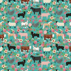 SMALL Farm animals cow sheep goat chicken floral fabric turq