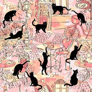 Black Cats in Paris Cafe Pink Peach