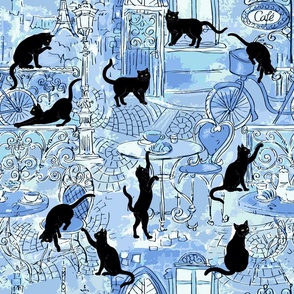 Black Cats in Paris Cafe Blue Large Scale