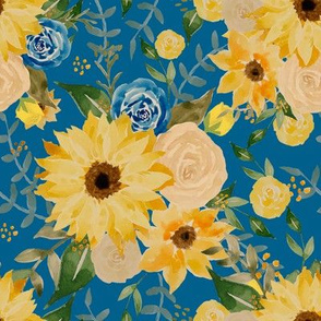 Watercolor sunflower and  roses on blue background