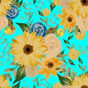 Watercolor sunflower and roses  on turquoise