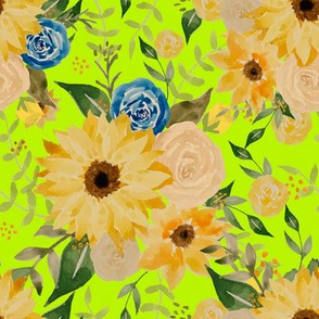 Watercolor sunflower and roses  on neon green