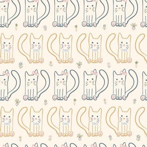 Hand drawn garden cats in rows on a cream background