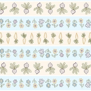 Garden rows of hand-drawn vegetables and flowers
