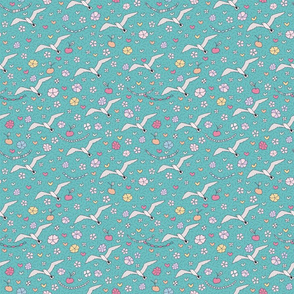 seagulls and flowers on teal