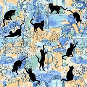 Black Cats in Paris Cafe Blue Yellow
