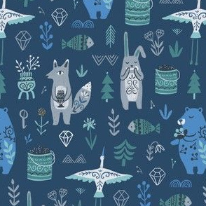 Yakutian summer animals, nature, ornaments fabric pattern. Fox, bunny, bear, Siberian Crane