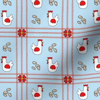 Farm Fresh/ Chicks & Eggs/ Quilters Plaid/Kitchen Whimsy Lgt Blue Red White Franbail  