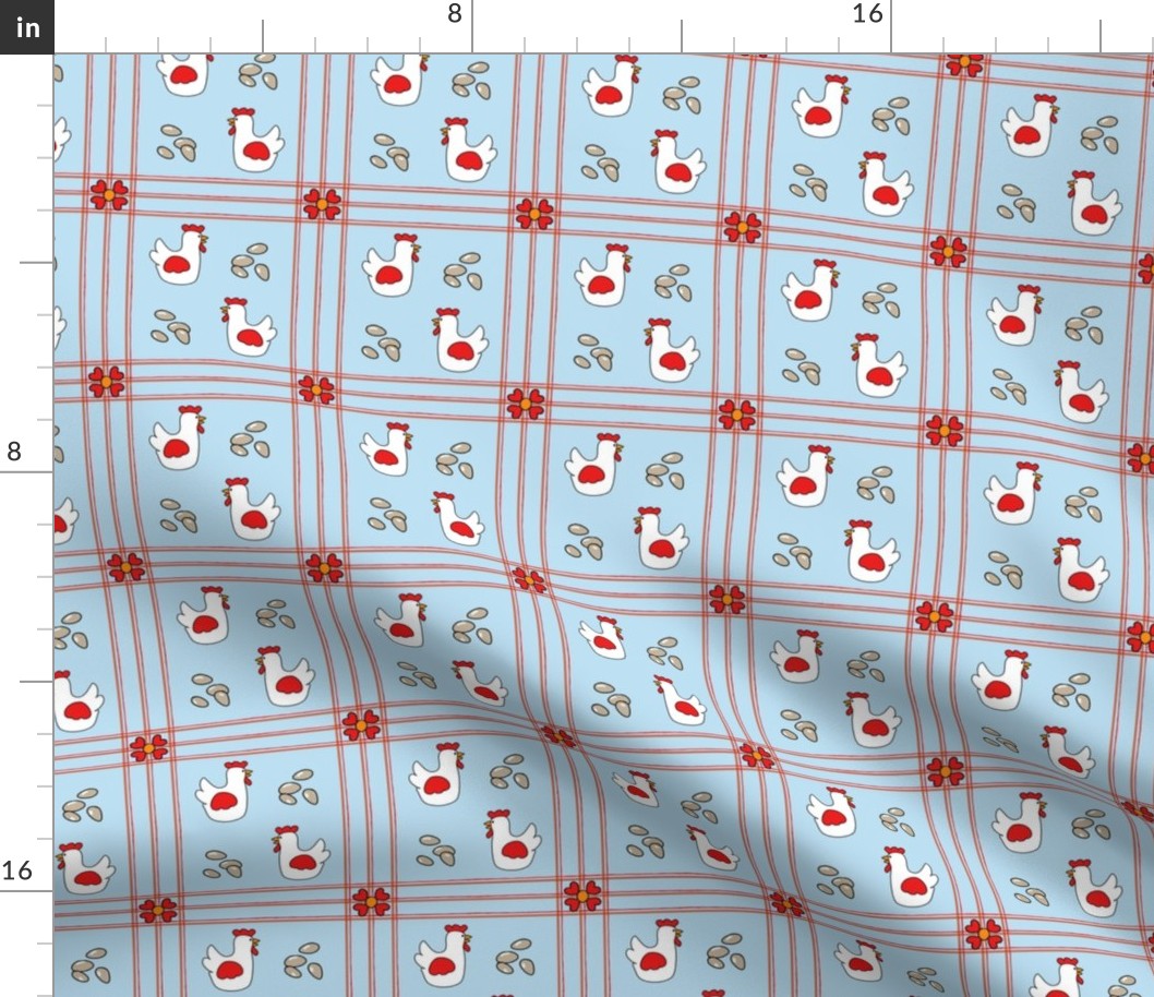 Farm Fresh/ Chicks & Eggs/ Quilters Plaid/Kitchen Whimsy Lgt Blue Red White Franbail  