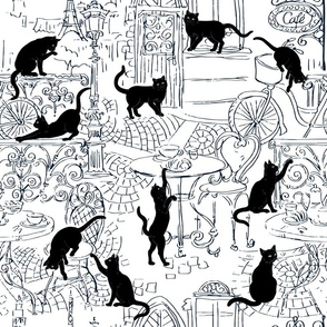 Black Cats in Paris Cafe Black and White Large Scale