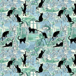 Black Cats in Paris Cafe Blue Green Small Scale 