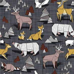 Small scale // Origami woodland // charcoal linen texture background yellow grey and brown taupe animals