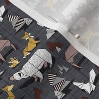 Tiny scale // Origami woodland // charcoal linen texture background yellow grey and brown taupe animals