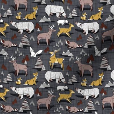 Tiny scale // Origami woodland // charcoal linen texture background yellow grey and brown taupe animals