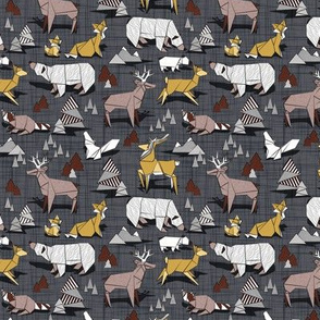 Tiny scale // Origami woodland // charcoal linen texture background yellow grey and brown taupe animals
