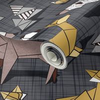 Large jumbo scale // Origami woodland // charcoal linen texture background yellow grey and brown taupe animals