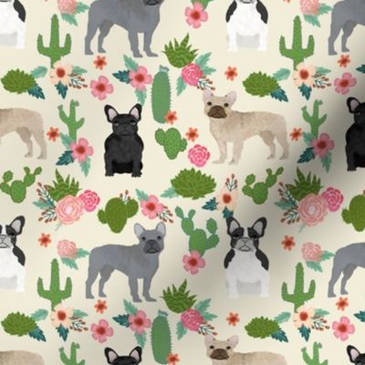 frenchie cactus floral fabric - dogs and cacti fabric - cream