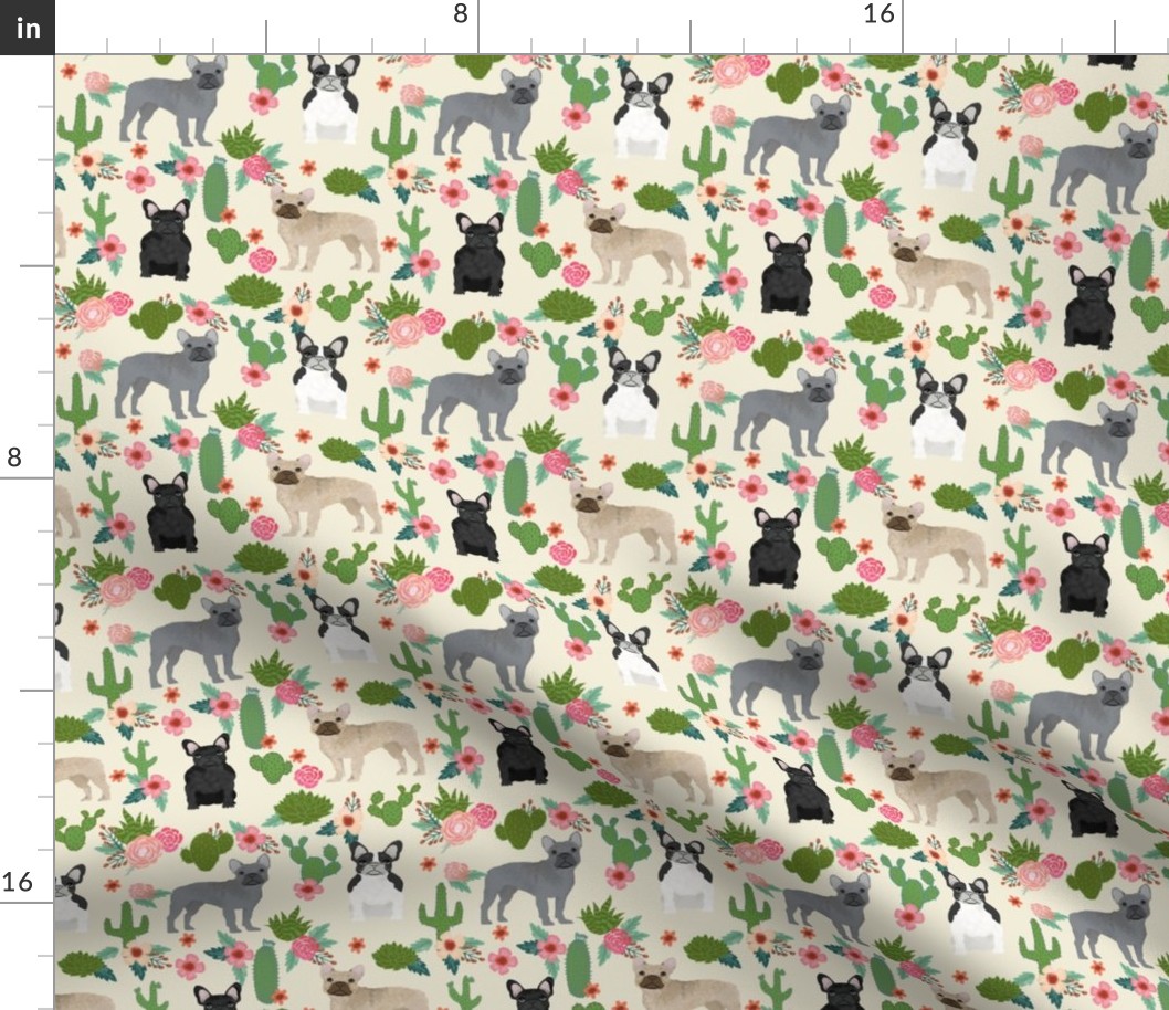 frenchie cactus floral fabric - dogs and cacti fabric - cream