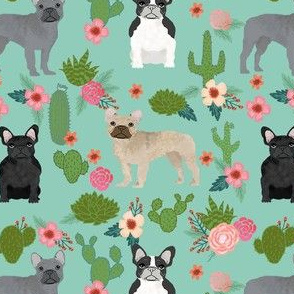 frenchie cactus floral fabric - dogs and cacti fabric - mint