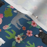 frenchie cactus floral fabric - dogs and cacti fabric - navy