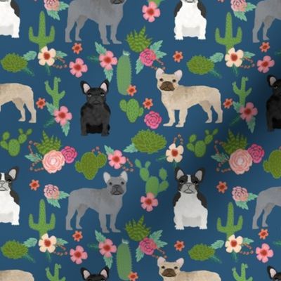 frenchie cactus floral fabric - dogs and cacti fabric - navy
