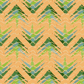 Palm Frond Tango Orange - wavy lines with flowers over palm fronds on an orange background