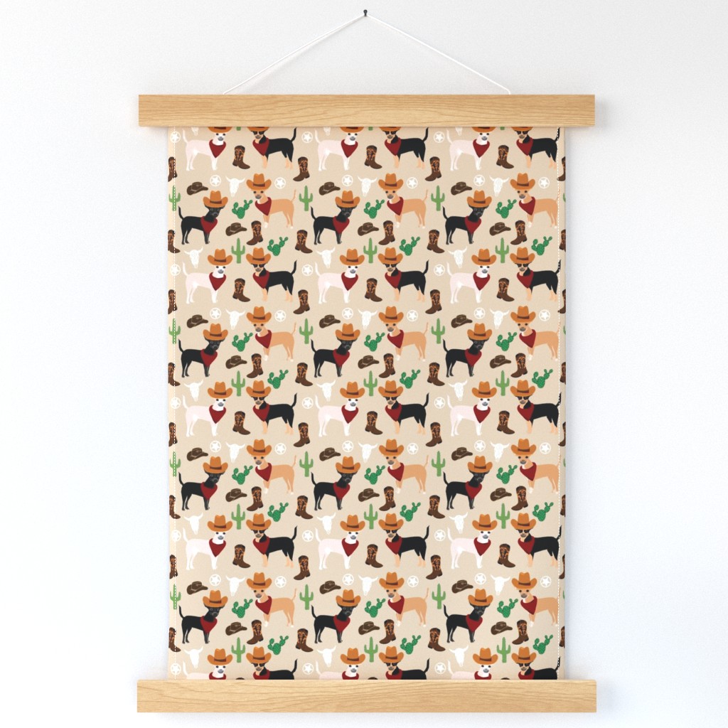 chihuahua western fabric - dogs in cowboy hats fabric - tan