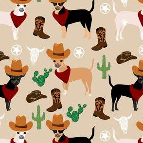 chihuahua western fabric - dogs in cowboy hats fabric - tan