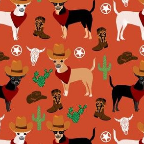 chihuahua western fabric - dogs in cowboy hats fabric - orange