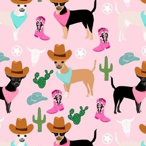 chihuahua western fabric - dogs in cowboy hats fabric - pink