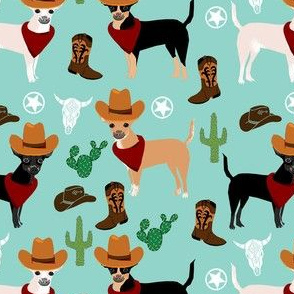 chihuahua western fabric - dogs in cowboy hats fabric - mint