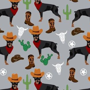 min pin western fabric - dogs in cowboy hats fabric - grey