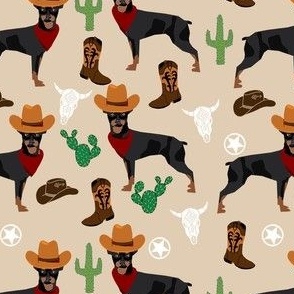 min pin western fabric - dogs in cowboy hats fabric - tan