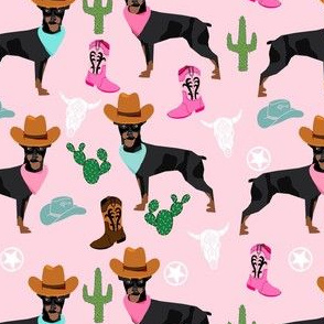 min pin western fabric - dogs in cowboy hats fabric - pink