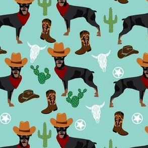 min pin western fabric - dogs in cowboy hats fabric - blue